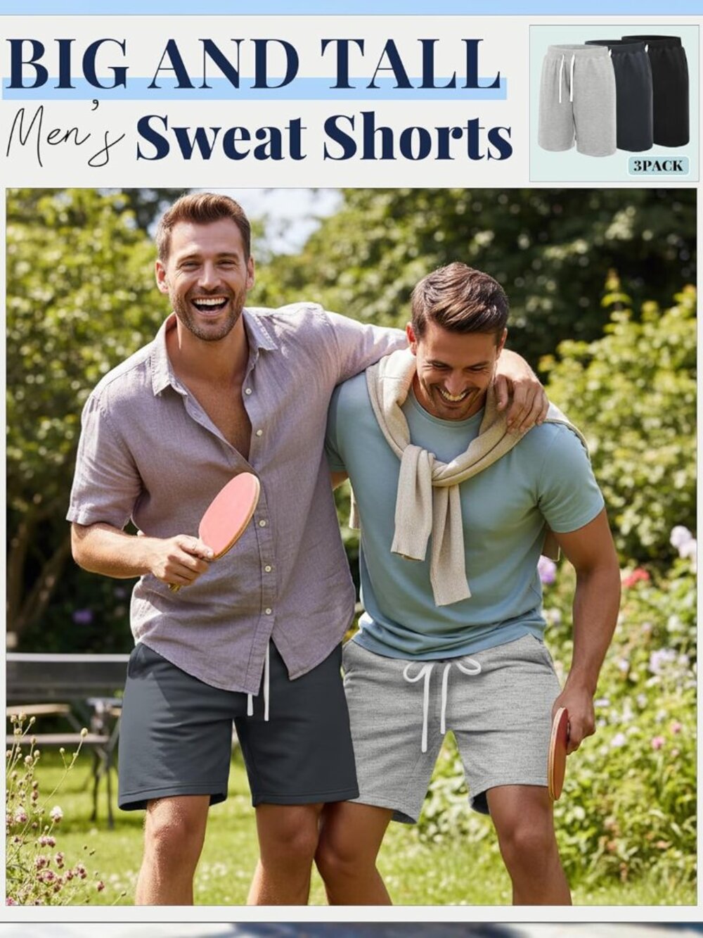 3 Pack Big and Tall Men's Sweat Shorts 9'' Plus Size Bermuda Drawstring Elastic - Picture 2 of 5